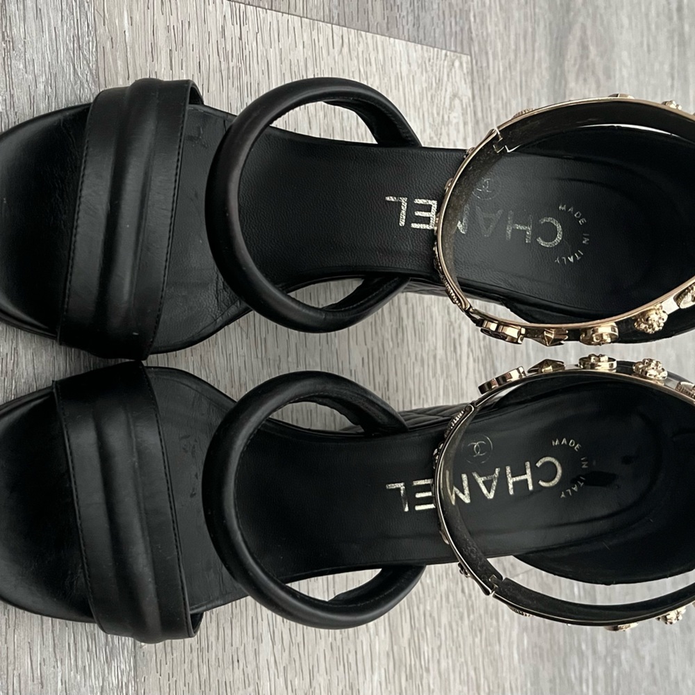 Authentic chanel wedges with gold ankle strap